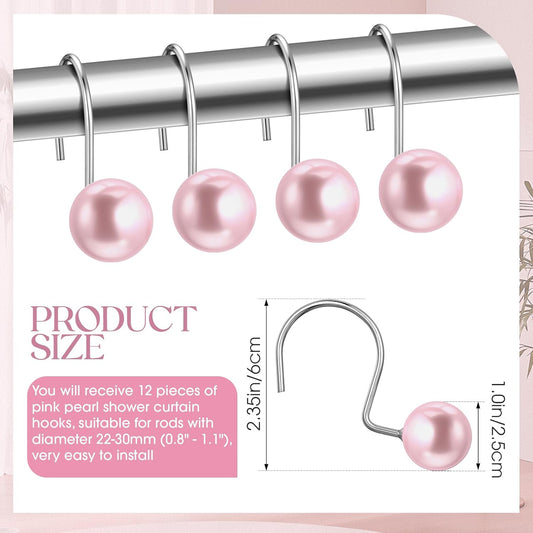 Threehoney 12 Pcs Cute Shower Curtain Hooks Shower Curtain Rings Artifical Pearl Decorative Vintage Rustproof Hooks for Bathroom Country Farmhouse Decor (Pink)