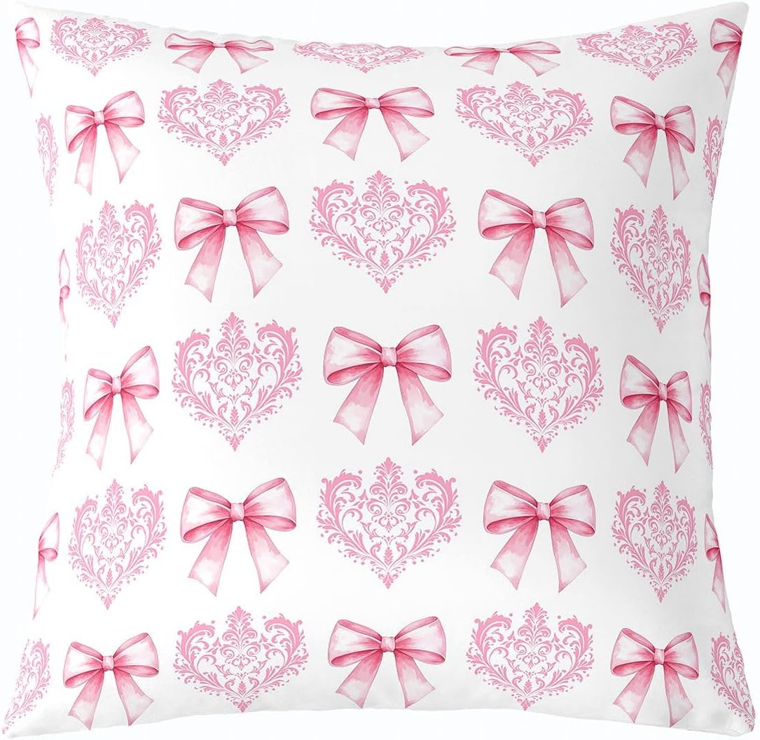 Manfei Cute Bowknot Kids Throw Pillow Cover,Damask Floral Antique Victorian Double Sides Pillow Case,Bow Tie Baroque Romantic Home Decor,Light Pink Bed Couch Sofa Cushion Cover,4 Pack 20"x20"