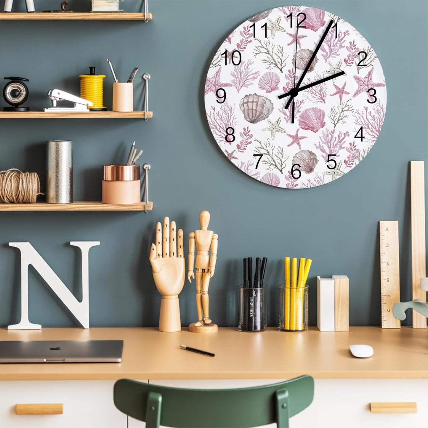 Pink Coastal Wall Clock Battery Operated Non-Ticking 12" Round Wood Clocks, Summer Beach Nautical Coral Starfish Shell Kitchen Wall Clock for School Bathroom Living Room Home Office Wall Decor