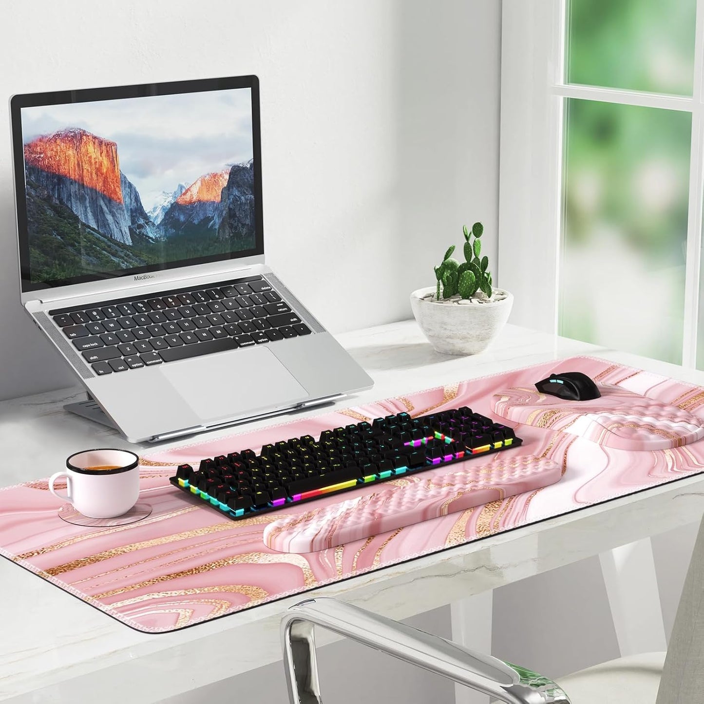 Light Pink Desk Mat Set with Mouse Pad and Memory Foam Wrist Rest, Soft Mat for Mouse and Keyboard, Large Office Desk Mat with Wrist Support, Smooth Surface, Non-Slip Base, 35.4 x 15.7 in