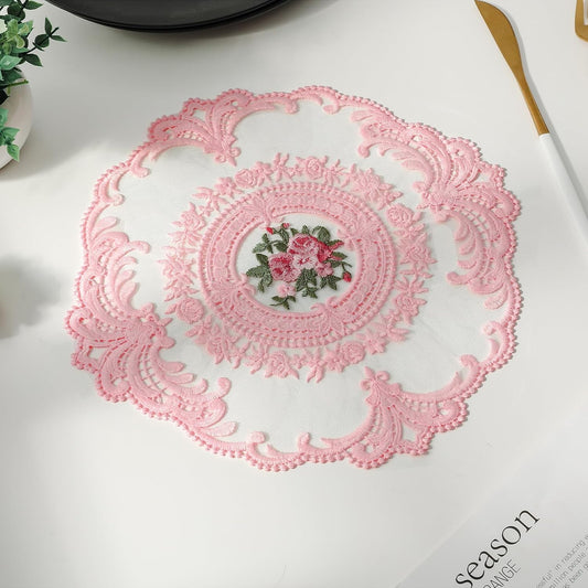 Embroidered Placemats Set of 4, Retro Handmand Place Mats Vintage Cup Vase Table Mat for Dining Table Kitchen Party -Pink, 4PCS