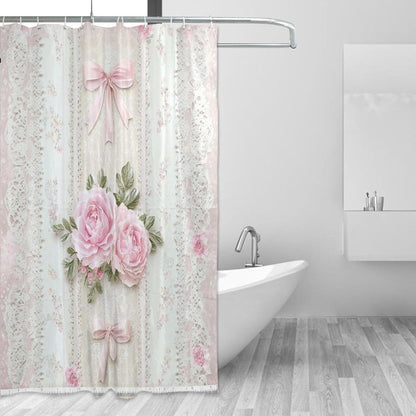 Shower Curtains White Lace Pink Flowers Curtain，Waterproof Fabric Decor Shower Curtains for Bathroom Set with 12 Hooks，60” x 72”