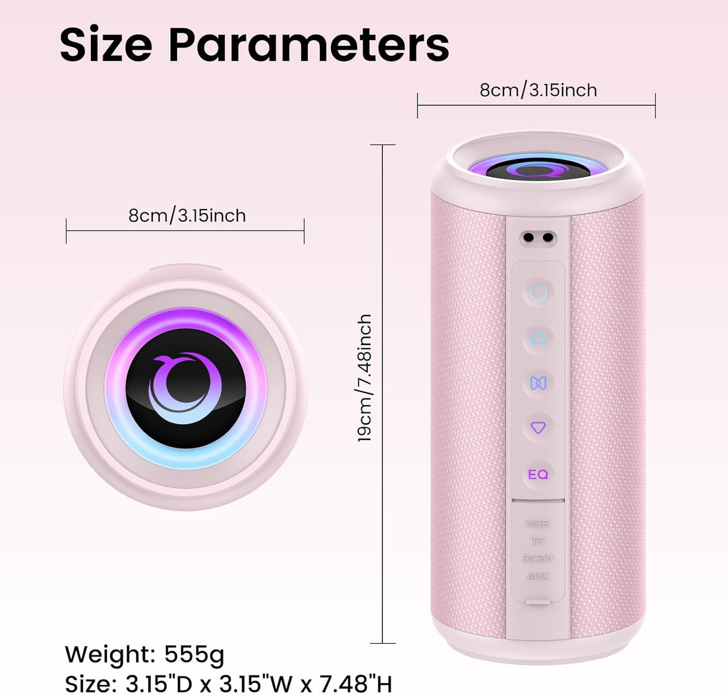 Portable Bluetooth Speaker, 2026 Bluetooth 5.4 Wireless Speaker with 20W HD Loud Stereo Sound, TWS Pairing, 20H playtime, RGB Lights, IP7, Built-in Mic, for Outdoor, Home, Beach, Party, Gift, Pink
