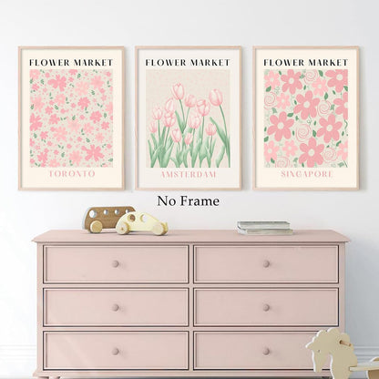 Flower Market Print Pink Tulip Floral Wall Art Pastel Prints Flower Posters Aesthetic Floral Prints Matisse Painting Artwork for Walls Pink Flower Posters Flower Market Pink Wall Art 12x16inchx3 No