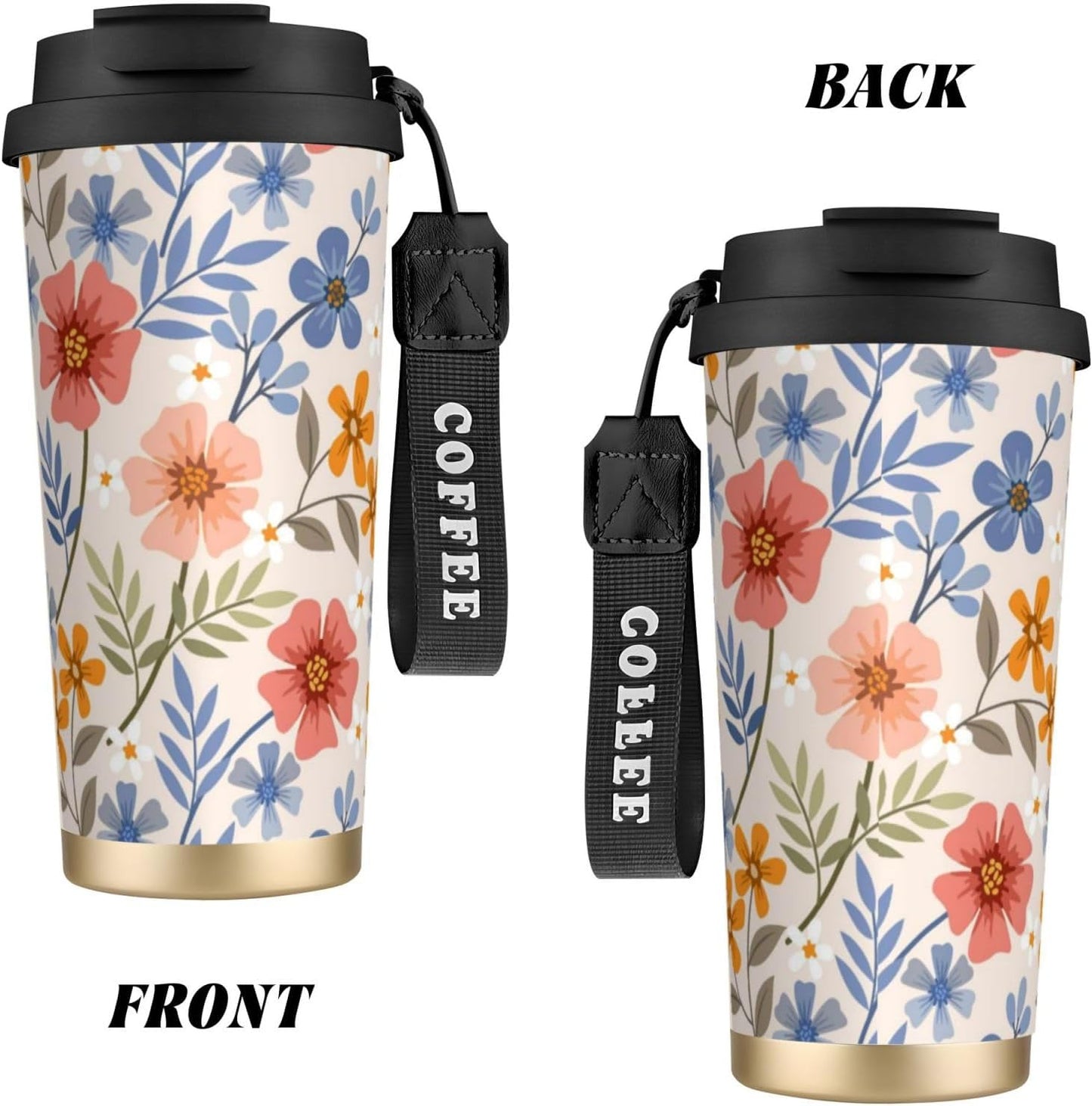 Peach And Blue Floral Pattern Portable Thermal Tumbler | Dual Flip Access Lid 316 Stainless Steel Insulated Travel Cup Portable Coffee Tumbler for Road Trips