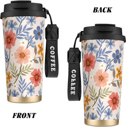 Peach And Blue Floral Pattern Portable Thermal Tumbler | Dual Flip Access Lid 316 Stainless Steel Insulated Travel Cup Portable Coffee Tumbler for Road Trips
