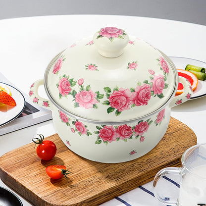 Enamel Stock Pot with Lid 20cm Pink Rose Pattern Double Handle Thickened Stew Pot for Stove Top Cooking