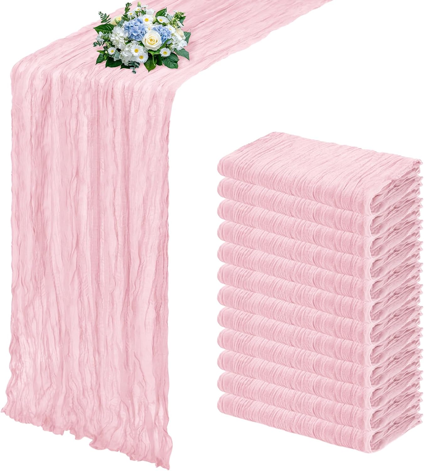 12 Pack Light Pink Cheesecloth Table Runner 17x108 Inch Semi Sheer Boho Gauze Cheese Cloth Fabric Table Runners, for Wedding Party Baby Shower Birthday Home Decor Garden Farmhouse