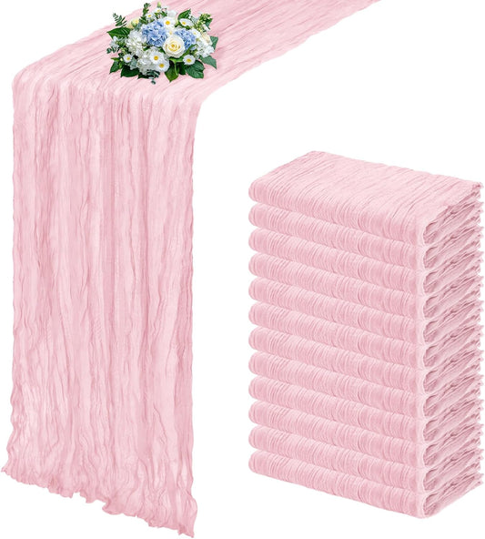 12 Pack Light Pink Cheesecloth Table Runner 17x108 Inch Semi Sheer Boho Gauze Cheese Cloth Fabric Table Runners, for Wedding Party Baby Shower Birthday Home Decor Garden Farmhouse