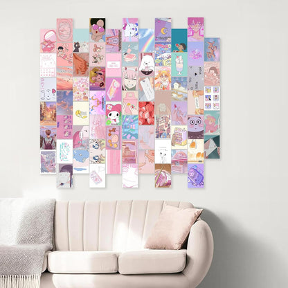 KBKBART Anime Aesthetic Wall Collage Kit, 70pcs Kawaii Room Decor, Pink Cartoon Assembled Print Card Set, Anime Photo Wall Collage Posters for Room Aesthetic, Cute Danish Pastel Wall Art 4x6 for