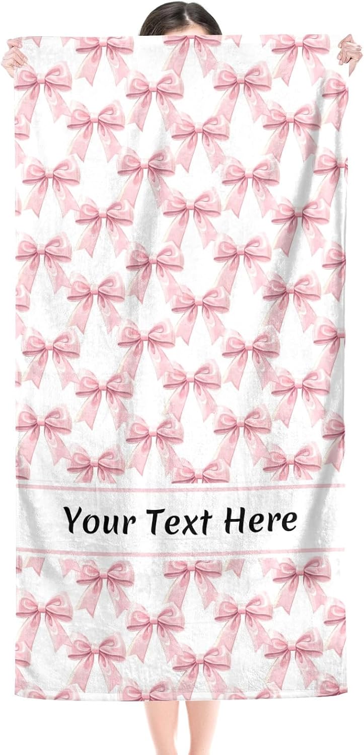 Preppy Pink Bow Beach Towel - Aesthetic Girly Microfiber Pool Towels 60x30 Inches for Bathroom Pool Gym Yoga, Gifts for Girls Lady