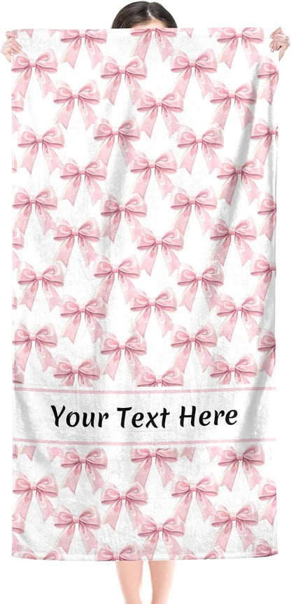 Preppy Pink Bow Beach Towel - Aesthetic Girly Microfiber Pool Towels 60x30 Inches for Bathroom Pool Gym Yoga, Gifts for Girls Lady