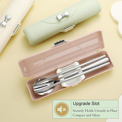 DEVICO Travel Silverware Set with Case, 4Pcs Portable Lunch Utensils Set for Work, Reusable Travel Cutlery Set, 18/8 Stainless Steel Flatware for Caming School Picnic, Dishwasher Safe (Pink)