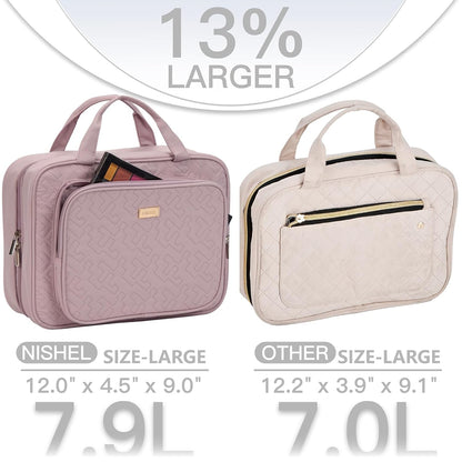 NISHEL Travel Toiletry Bag for Women, Makeup Essentials Organizer, Hanging Case for Accessories, Cosmetics, Large Size, Peach Pink