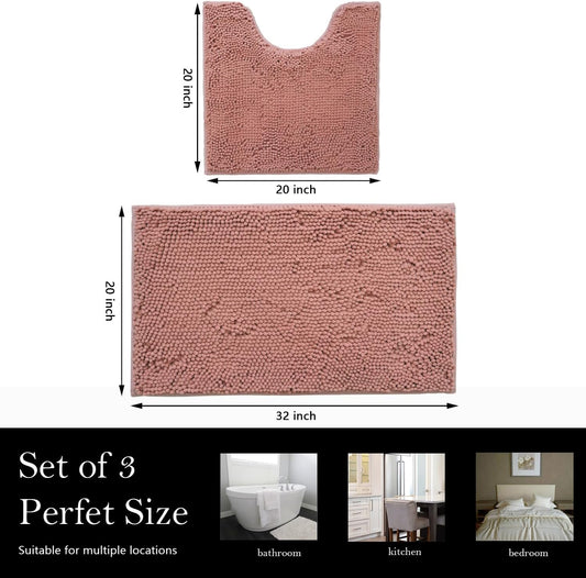 Bathroom Rugs Chenille Bath mat 2 Piece Set, Super Absorbent, Strong PVC Non Slip Backing, Bath mats for Bathroom, Plush Shaggy, Thick, Machine Washable, Bathtub, Toilet.(Deep Pink)