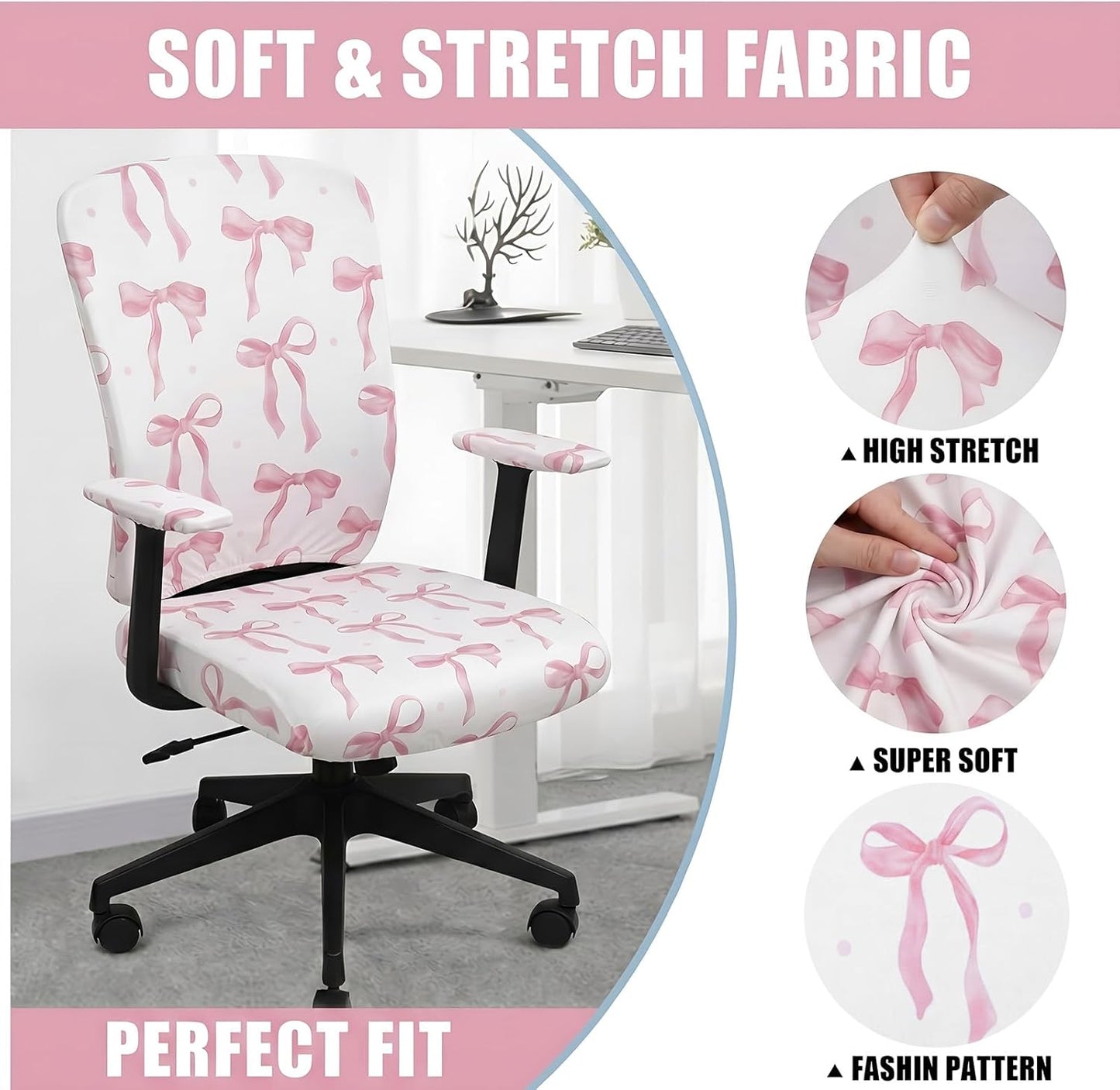 Suncalla 4 Pcs Pink Bow Printed Office Chair Covers Set Stretch Computer Universal Protective Stretchable Chair Seat Covers Washable Desk Armrest Slipcovers Pads Office Cushion Backrest for Rotating