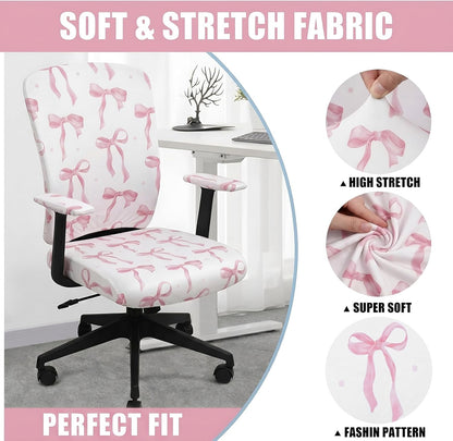 Suncalla 4 Pcs Pink Bow Printed Office Chair Covers Set Stretch Computer Universal Protective Stretchable Chair Seat Covers Washable Desk Armrest Slipcovers Pads Office Cushion Backrest for Rotating