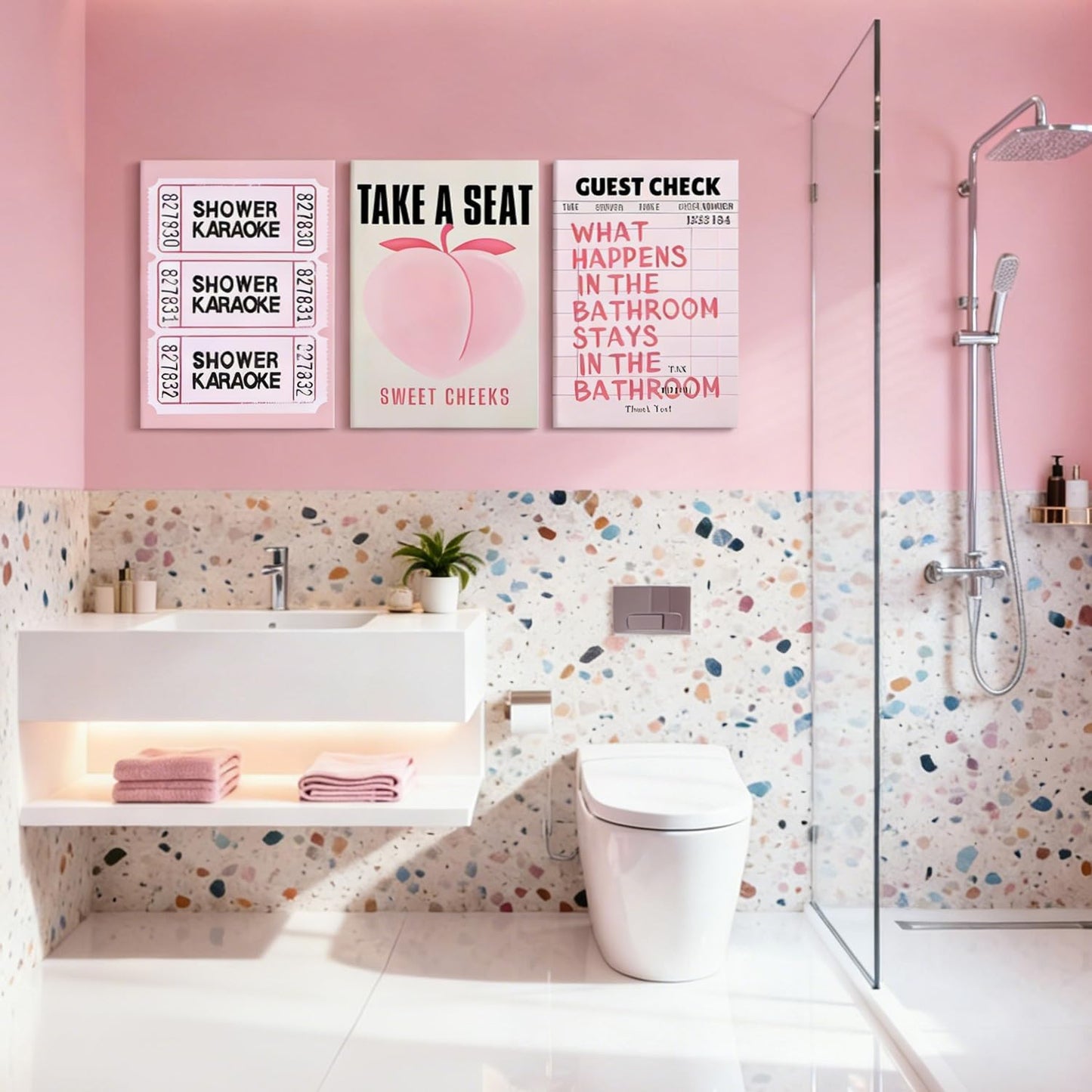 RUMSICH 3-Piece Fun Pink Peach Bathroom Canvas Wall Art Pink Shower Karaoke Ticket Wall Decor Artwork Preppy Humorous Quotes Painting Prints Suitable for Girls Bathroom Toilet 12x16 Inch Framed