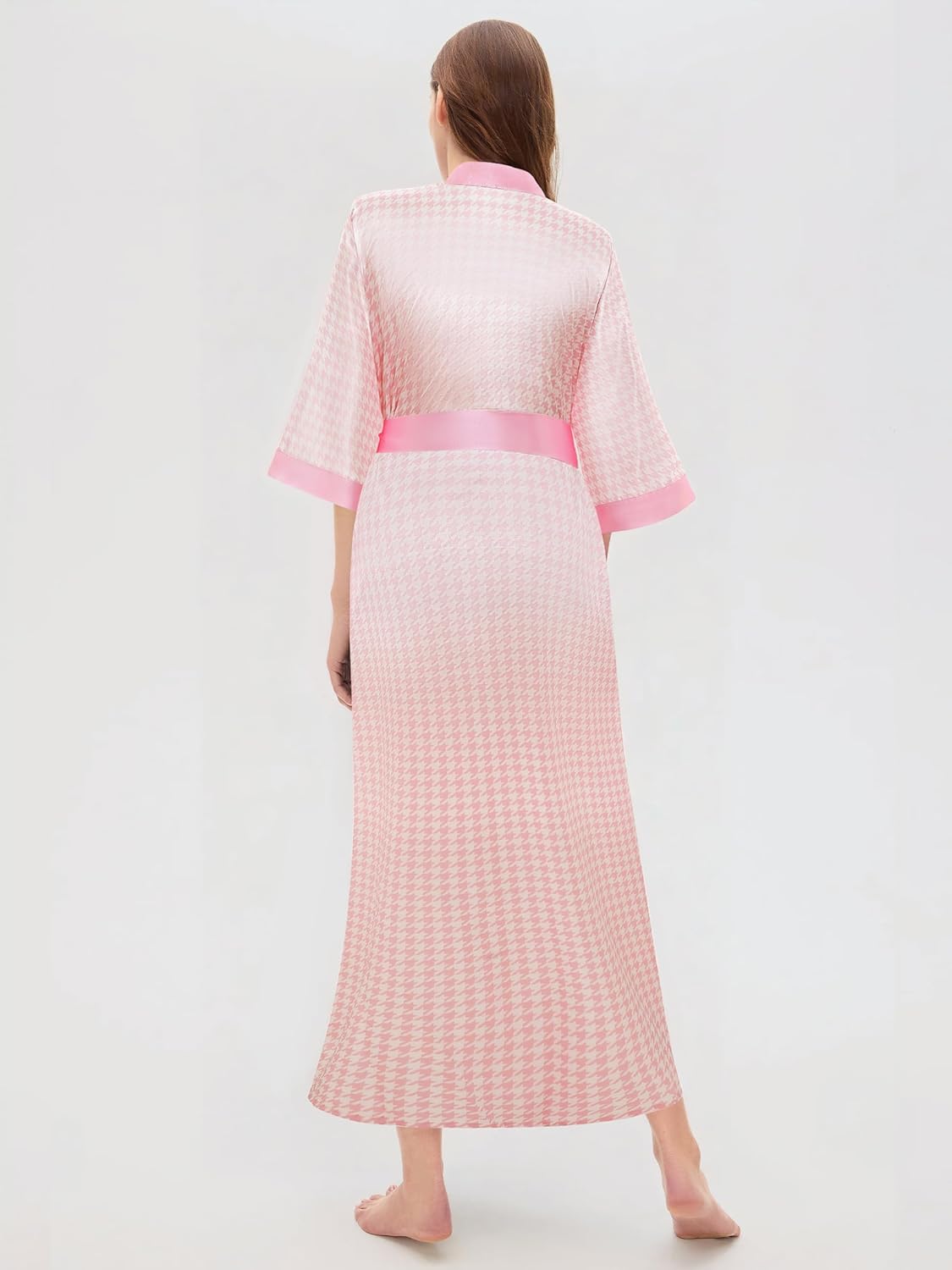 PRODESIGN Kimono Robes for Women - Houndstooth Satin Sleepwear Silky Nightgown Bathrobe Dressing Gown Blouse Cardigan Robe