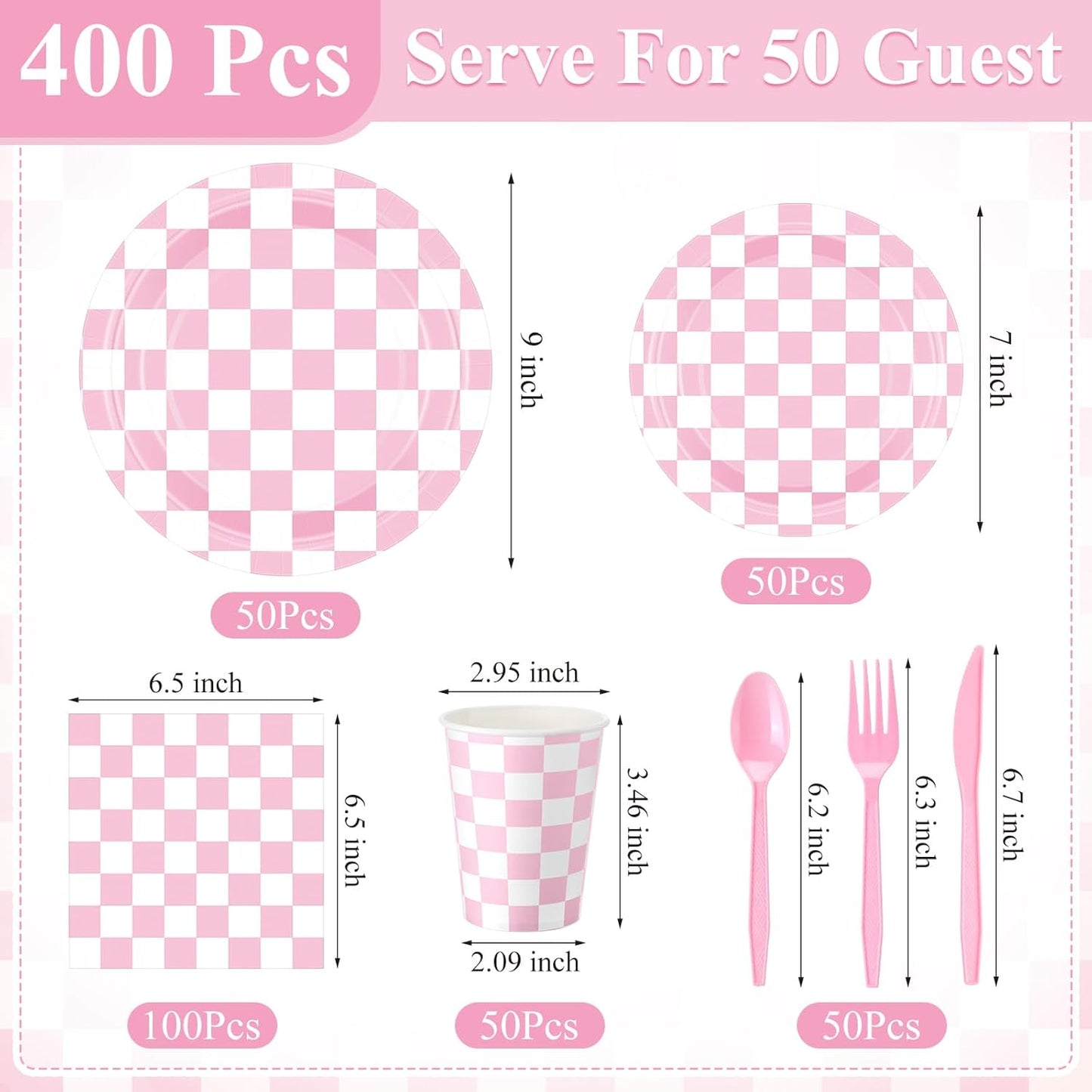 Pickmesh 400 Pcs Pink and White Checkered Party Decorations Set Light Pink Gingham Disposable Paper Plates Napkins Cups Cutlery Plaid Party Decorations for Baby Shower Wedding Birthday Serve 50