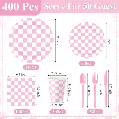 Pickmesh 400 Pcs Pink and White Checkered Party Decorations Set Light Pink Gingham Disposable Paper Plates Napkins Cups Cutlery Plaid Party Decorations for Baby Shower Wedding Birthday Serve 50