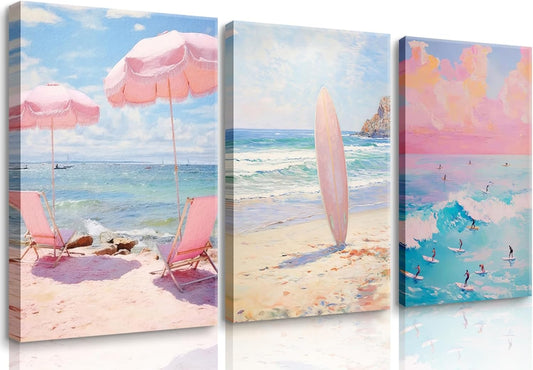 3 Pcs Coastal Wall Art Pink Beach Canvas Print Beach Aesthetic Wall Decor Summer Style ocean surfing poster for Bathroom Living Room Bedroom Girls Room Girls Dormitory Wall Decor 16 x 24in Canvas
