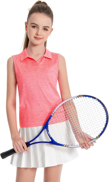 Star Vibe 3 Pack Youth Girls Sleeveless Polo Shirts V-Neck Lightweight Athletic T-Shirt Quick Dry Golf Tennis Tank Tops