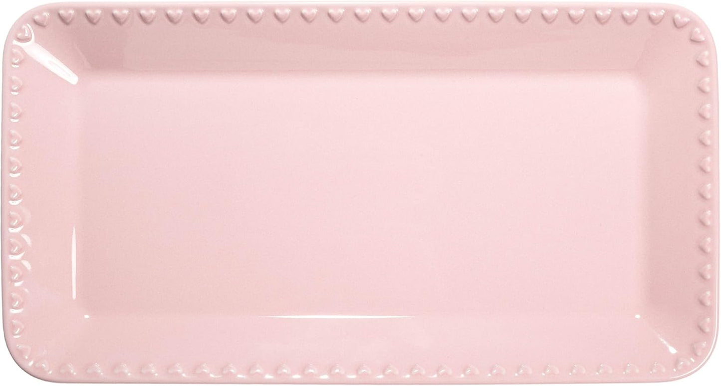 Paris Hilton Rectangle Ceramic Stoneware Serving Platter Tray, Embossed Hearts, Microwave Safe, 15x8-Inch, Pink
