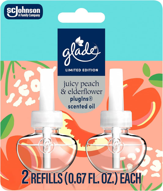 Glade PlugIns Refills Air Freshener, Juicy Peach & Elderflower, Scented and Essential Oils for Home and Bathroom, 1.34 Fl Oz, 2 Count