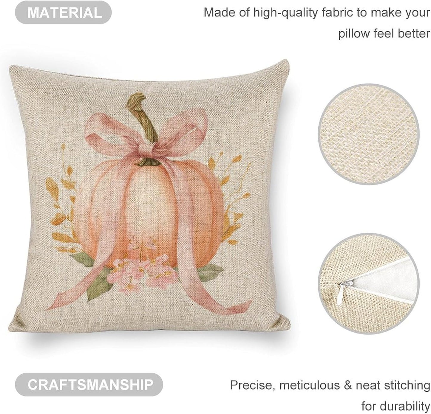 Pastel Peach Pumpkin Large Pink Bow Pillow Covers 18x18 Set of 2, Throw Pillows Covers Linen Cushion Case for Couch Sofa Farmhouse Decor