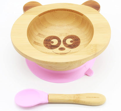 Suction Bowls for Baby- Bamboo set- LED Weaning Spoons- BPA Free - Toddler bowl and spoon set- Pink