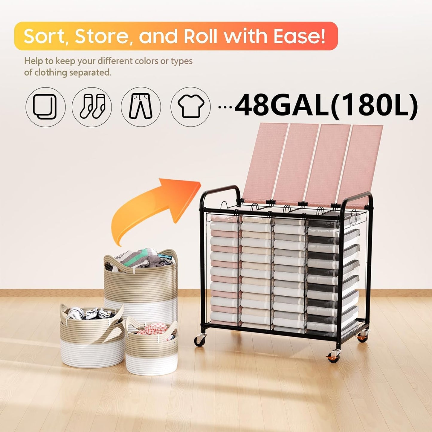 Laundry Sorter 4 Sections 48 Gal, Rolling Laundry Basket with Lockable Wheels and Lid, Laundry Hamper with 4 Separated Removable Bags Dirty Clothes Hamper for Laundry Room Organizer, Pink