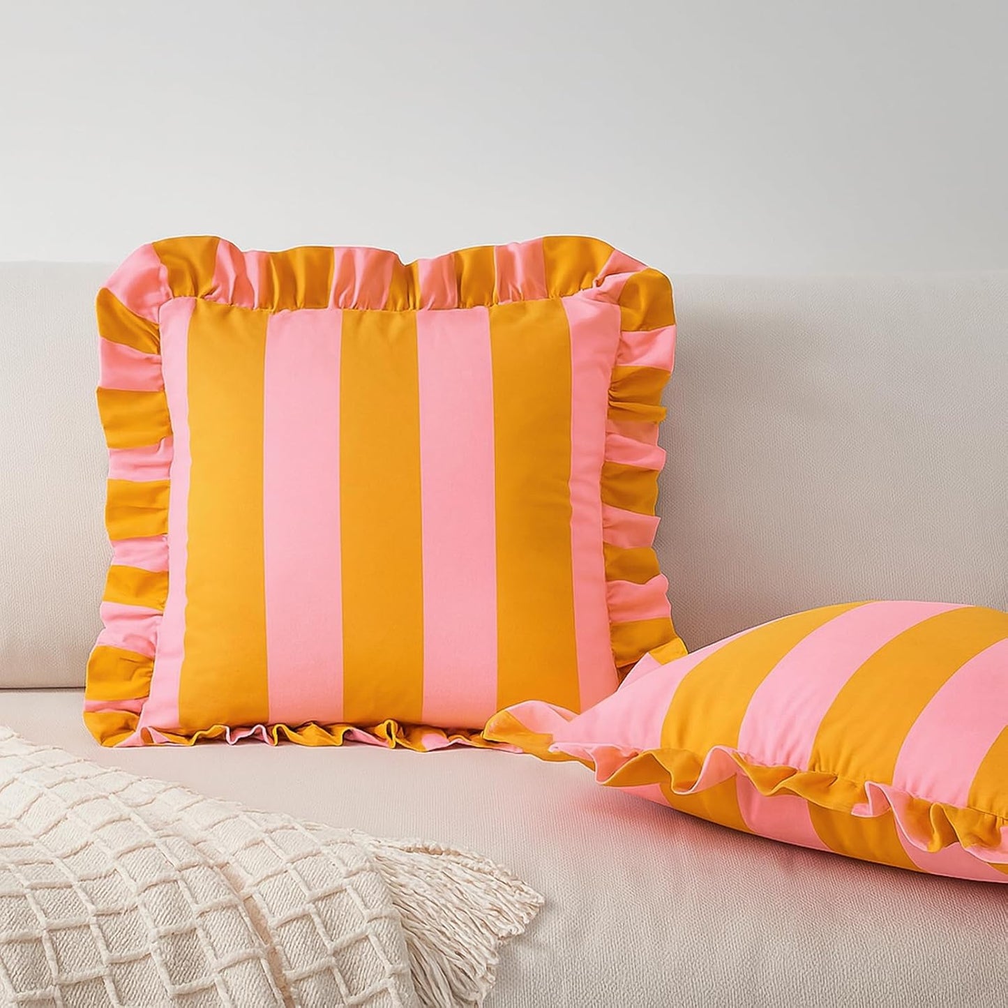MONDAY MOOSE Decorative Throw Pillow Covers, Set of 2 Water-Resistant Striped Design with Ruffle Edge for Outdoor/Indoor Use, Pillow Inserts Not Included (22x22 inch, Light Pink/Honey)
