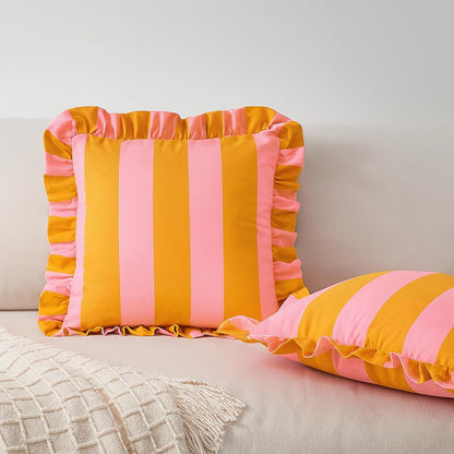 MONDAY MOOSE Decorative Throw Pillow Covers, Set of 2 Water-Resistant Striped Design with Ruffle Edge for Outdoor/Indoor Use, Pillow Inserts Not Included (22x22 inch, Light Pink/Honey)