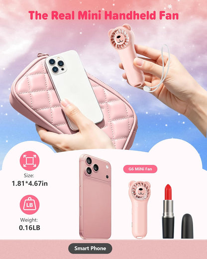 Portable Handheld Fan, Cute Bear Mini Fan with 11000 RPM High Speed, Rechargeable Personal Fan with 4 Speeds, Pocket Small Fan for Travel, Makeup, Lash, Gifts for Women Girl - Pink