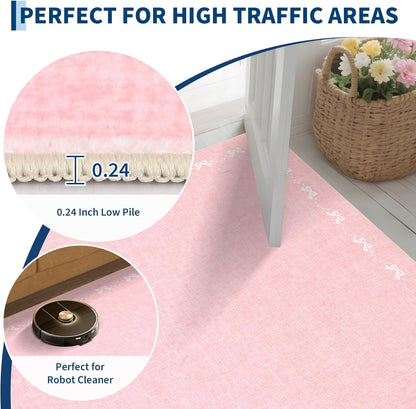 Garvee Bow Washable 8x10 Area Rugs for Living Room Non Slip Soft Pink Rugs for Grils Bedroom Low Pile Foldable Large Area Rug Stain Resistant Carpet for Nursery Dining Room Playroom, Pink
