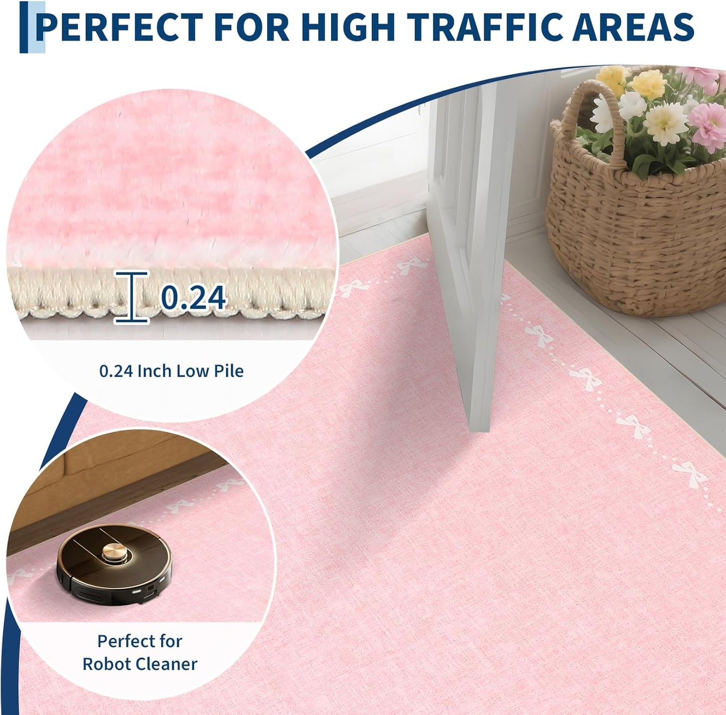 GarveeHome Bow Washable Rugs 2x6 Hallway Runner Rug Non Slip Kitchen Rugs Soft Non Shedding Modern Low Pile Entryway Rug Stain Resistant Carpet for Bath Laundry Room Bedroom, Pink
