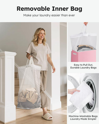 SOLEDI Laundry Hamper with Lid 100L Large & Tall Collapsible Laundry Basket, Clothes Hamper with Bag Removable Easy to Carry, Dirty Hampers for Bedroom, Bathroom, Dorm, College, Pink