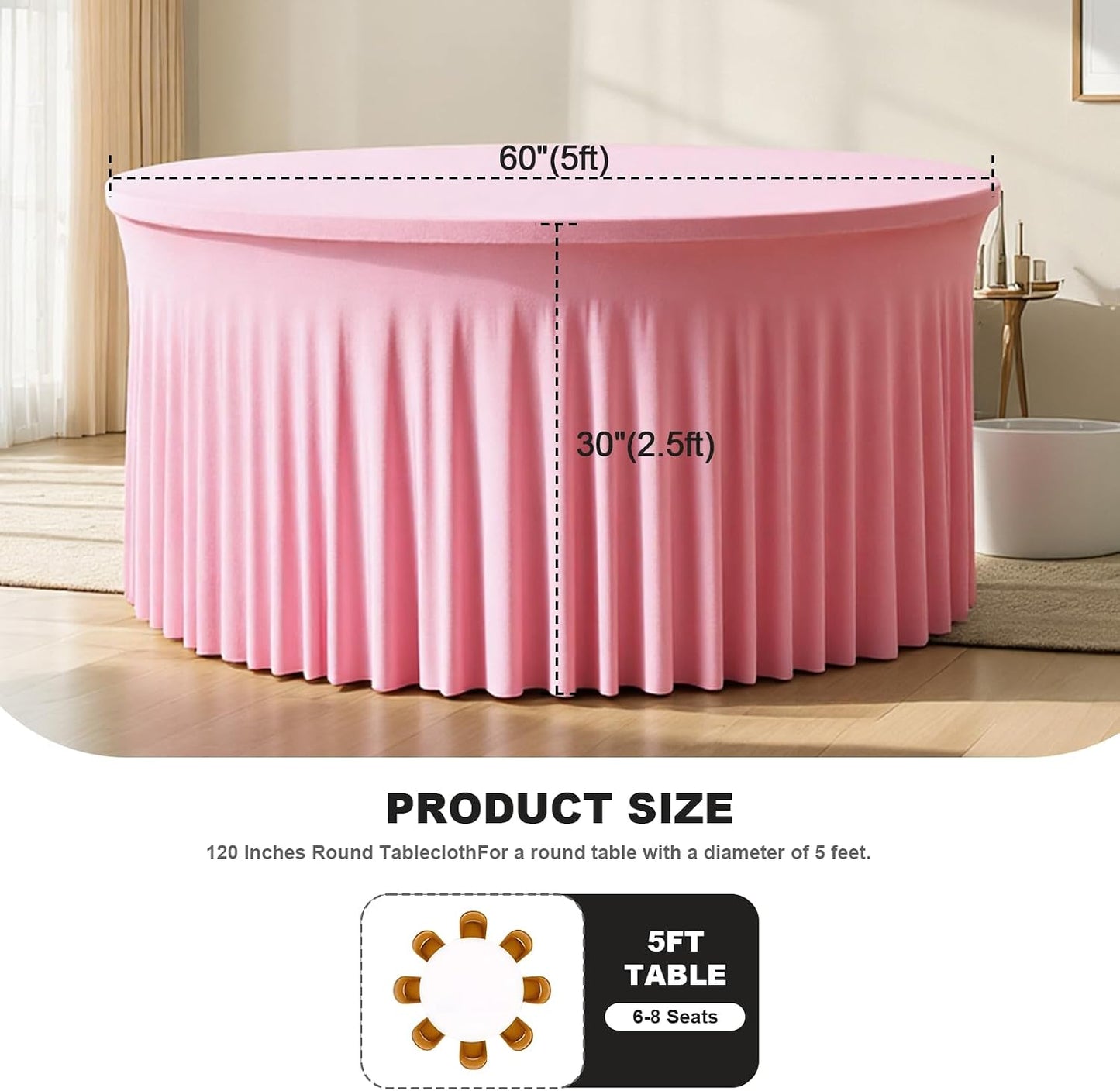 4 Pack Pink 60 inch Round Spandex Tablecloth,Wrinkle-Free Stretchy Fitted 5FT Round Tables,Elastic Edge with Skirt,Washable Tablecloths for Wedding Banquet Party Birthday Buffet