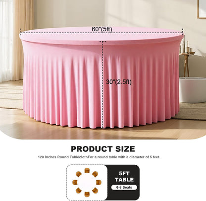 4 Pack Pink 60 inch Round Spandex Tablecloth,Wrinkle-Free Stretchy Fitted 5FT Round Tables,Elastic Edge with Skirt,Washable Tablecloths for Wedding Banquet Party Birthday Buffet