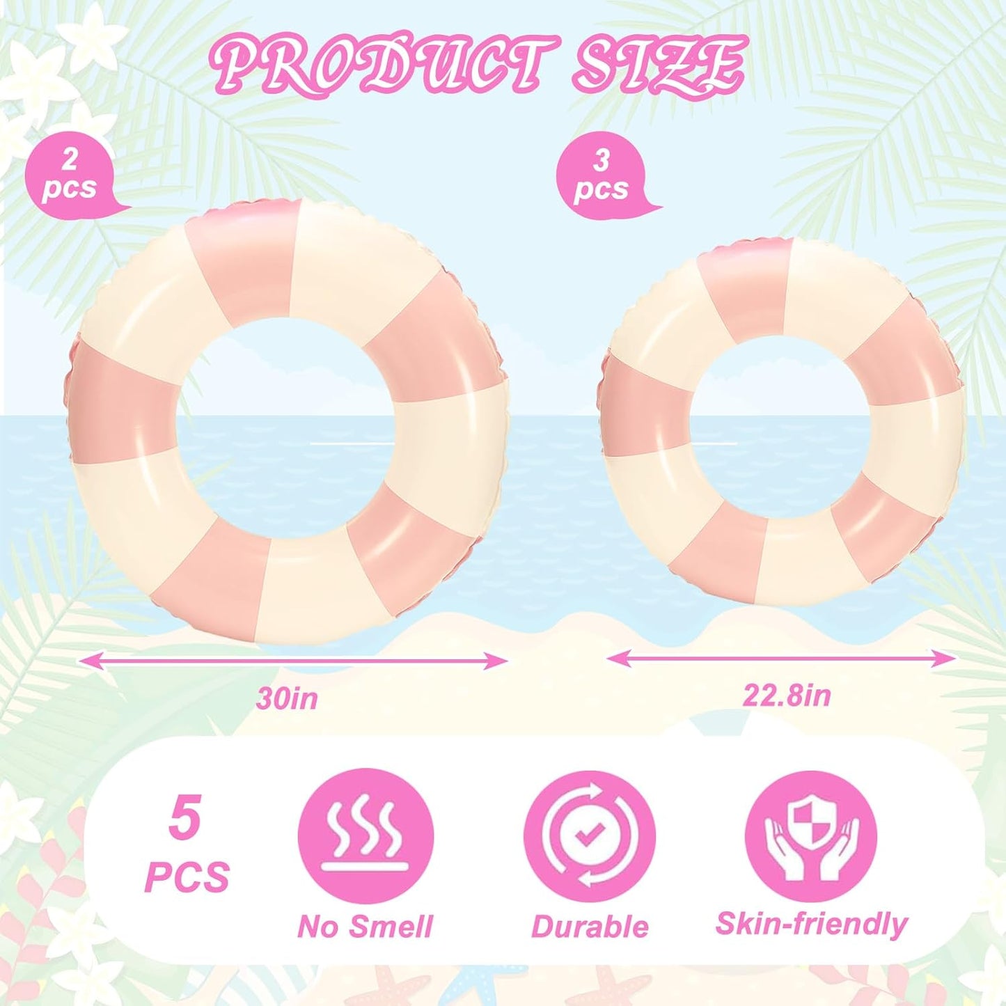 Whaline 5Pcs Inflatable Swimming Floats Classic Striped Swim Rings PVC Swim Pool Tube for Teens Summer Beach Bachelorette Party (Pink)