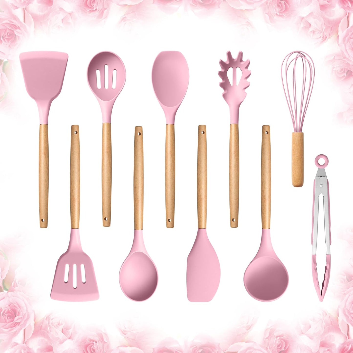 E-far Silicone Cooking Utensils Set, 10-Piece Kitchen Utensils Set with Wooden Handle for Cooking, Non-toxic Silicone Kitchen Nonstick Tools Spatula Whisk Tongs Ladle, Heat Resistant & Health, Pink