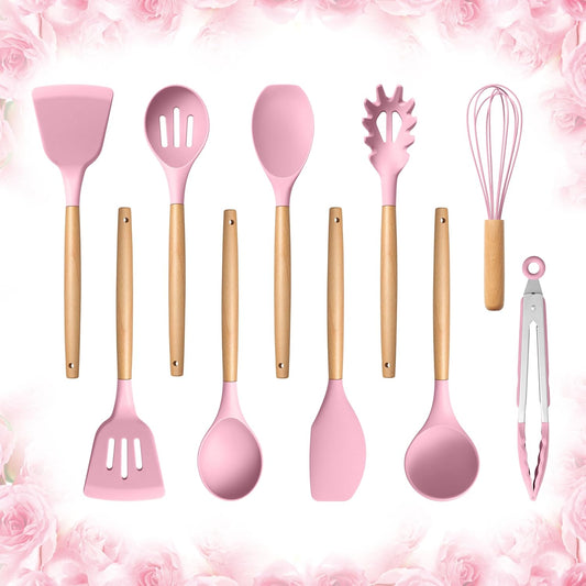 E-far Silicone Cooking Utensils Set, 10-Piece Kitchen Utensils Set with Wooden Handle for Cooking, Non-toxic Silicone Kitchen Nonstick Tools Spatula Whisk Tongs Ladle, Heat Resistant & Health, Pink