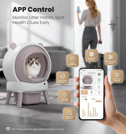 Self Cleaning Litter Box for Multiple Cats, 15L Large Automatic Litter Box with Smart APP Control, 35dB Ultra-Quiet Self-Cleaning Cat Litter Box, Dual Safety Infrared Sensors, Smell-Free, Pink-A