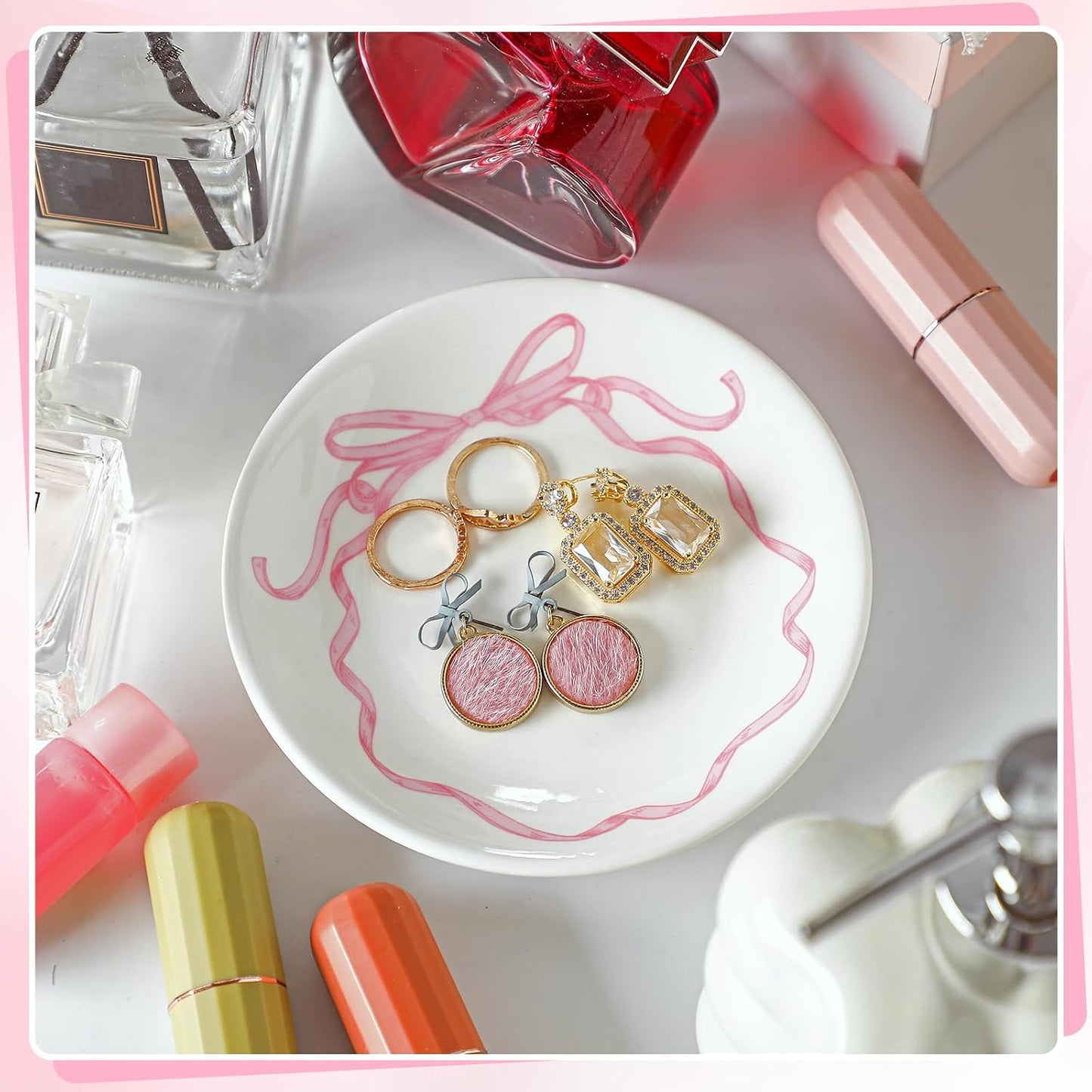 DoubleFill Pink Bow Jewelry Dish Tray Coquette Decorative Ring Dish Ceramic Trinket Tray Key Bowl for Mom Best Friend Sister Bridesmaid Gifts