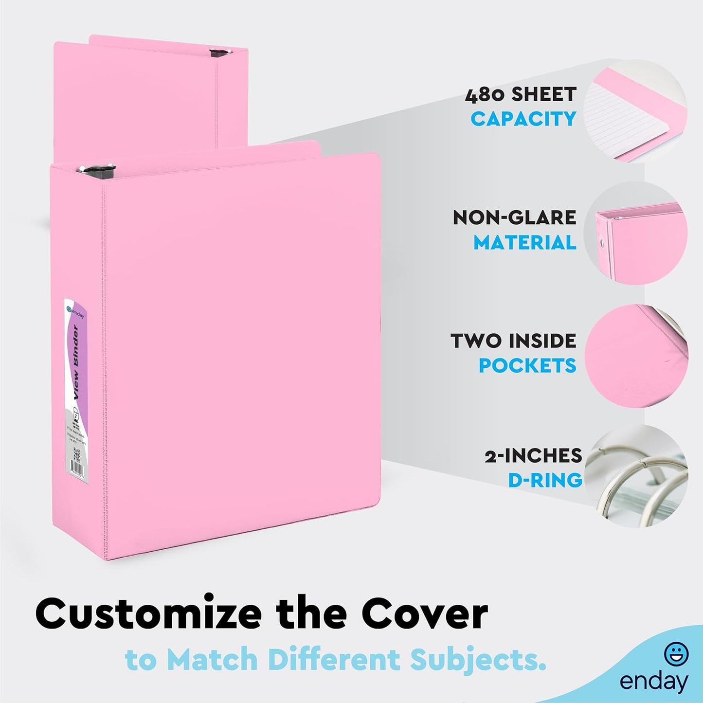 Enday 2 Inch Binder, Pink - 2 Inch 3 Ring Binder, D-Ring Pastel with Clear View Cover for Letter Size 8.5 x 11'' Paper & 2 Inside Pockets, Ideal for School Supplies, Office, and Home