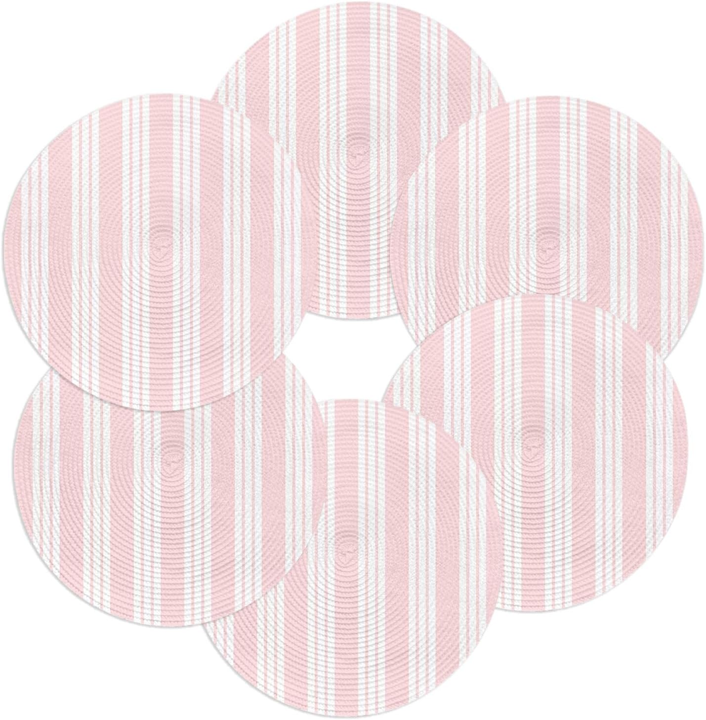 Round 13'' Placemats Set of 6, Striped Pink HeatResistant Polypropylene Placemats, Farmhouse Line Stripes Classic Washable Woven Braided Place Mats for Dining Table, Non Slip Kitchen Table Decor