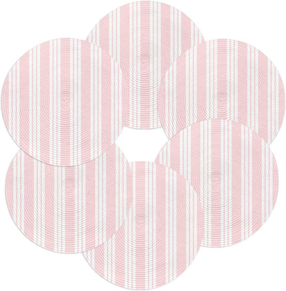 Round 13'' Placemats Set of 6, Striped Pink HeatResistant Polypropylene Placemats, Farmhouse Line Stripes Classic Washable Woven Braided Place Mats for Dining Table, Non Slip Kitchen Table Decor
