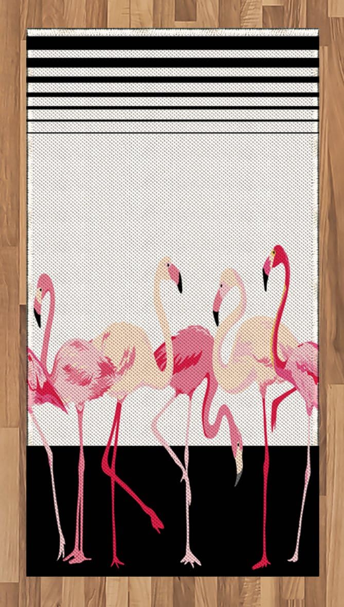 Lunarable Retro Area Rug, Flamingo Birds on Background Stripes Modern Cartoon Illustration Graphic, Flat Woven Accent Rug for Living Room Bedroom Dining Room, 2' 6" x 5', Black Pink Pale Peach