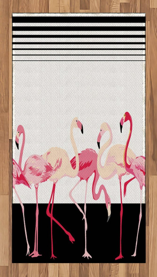 Lunarable Retro Area Rug, Flamingo Birds on Background Stripes Modern Cartoon Illustration Graphic, Flat Woven Accent Rug for Living Room Bedroom Dining Room, 2' 6" x 5', Black Pink Pale Peach